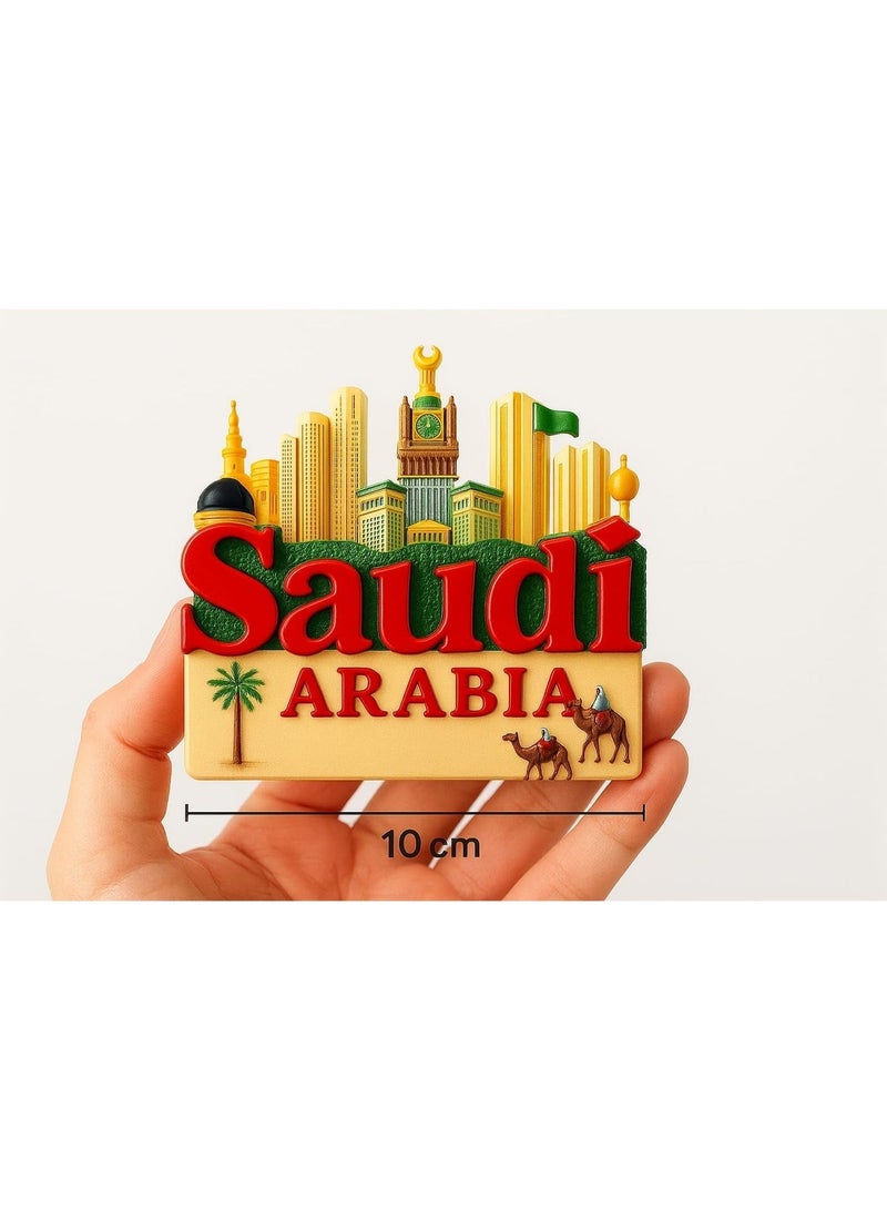 هدايا تذكارية عربية مغناطيس ثلاجة سيراميك المملكة العربية السعودية – تصميم مجسم لأفق مكة المكرمة وبرج الساعة، مع الجمل والنخلة، هدية تذكارية فاخرة من السعودية للديكور والسفر - Image 2